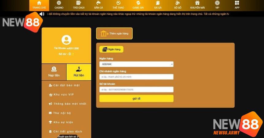 Nạp tiền NEW88 trực tiếp tại ngân hàng